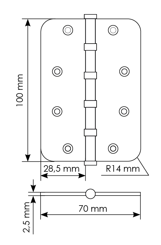 Петля стальная MSN-C 100X70X2.5-4BB SG скругленная универсальная с подшипником, вес полотна до 40 кг, цвет матовое золото фото купить в Волгограде